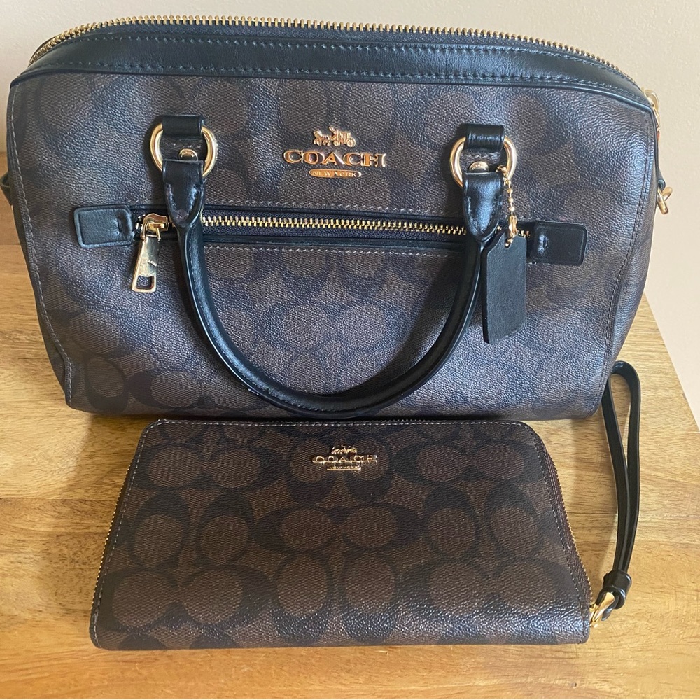 Coach Rowan Satchel Handbag and Wallet Set (Gold/Black/Brown) EUC